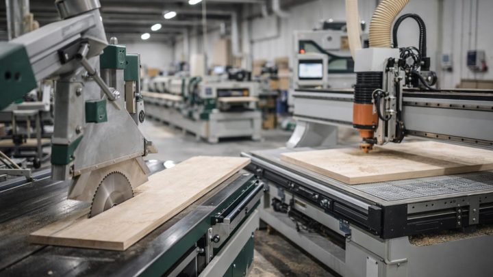 Snickerimaskiner och industrimaskiner i drift i industriell verkstad där trä bearbetas.